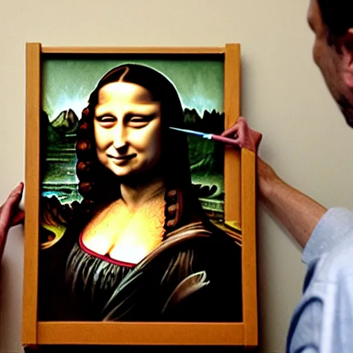 Image similar to A woman that looks like Mona Lisa is painting a portrait of Lenoardo da Vinci in a workshop