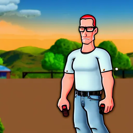 Image similar to hank hill in fortnight, 4 k, hyper realistic, dslr, high resolution, landscape, beautiful, game screenshot