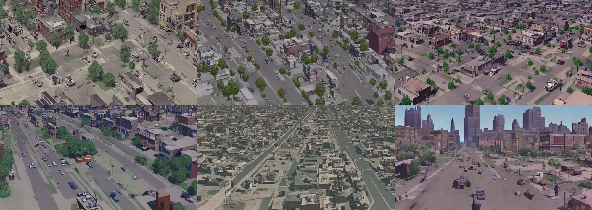 Prompt: low altitude drone footage of a street in 1960s Detroit, still from a Disney & Pixar cgi film (2016)