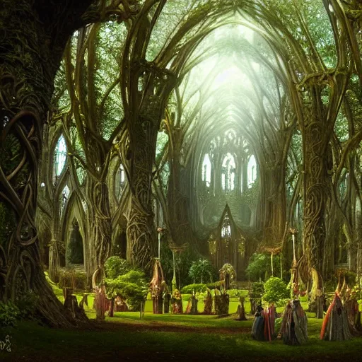 Image similar to a beautiful and highly detailed matte painting of a beautiful elven cathedral in a magical celtic forest, otherworldly trees and plants and flowers, celtic vegetation, epic scale, insanely complex, hyperdetailed, sharp focus, hyperrealism, artstation, cgsociety, 8 k, bright colors, by caspar friedrich, albert bierstadt, james gurney, brian froud,