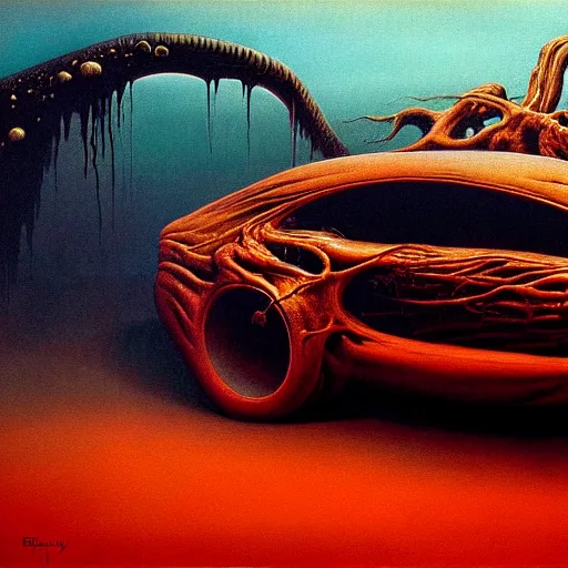 Image similar to horrifying eldritch car, painting by zdzisław beksinski, product photograph, 4 k, dark atmosphere, horror, veins, oozing slime