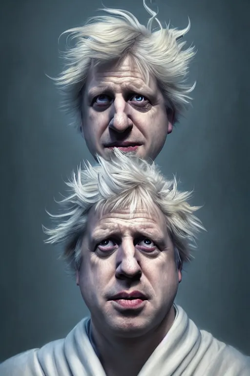 Prompt: Boris Johnson as Rick Sanchez, unibrow, white robe, big eyes, 3d octane render, symmetrical, highly detailed, digital painting, artstation, concept art, smooth, sharp focus, illustration, cinematic lighting, art by artgerm and greg rutkowski and alphonse mucha