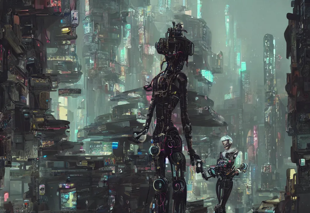 Image similar to a screenshot of a cyberpunk movie depicting a female robot carrying a movie camera, fantasy, intricate and very very beautiful, highly detailed, digital painting, artstation, concept art, smooth and sharp focus, illustration, art