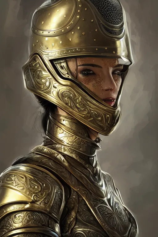 Image similar to a portrait of an attractive young female, ornate metallic helmet, clothed in battle armor, olive skin, long dark hair, beautiful bone structure, symmetrical facial features, intricate, elegant, highly detailed, digital painting, trending on Artstation, concept art, smooth, sharp focus, illustration, in the style of greg rutkowski