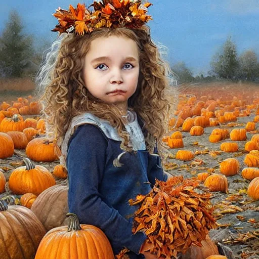 Image similar to a cute little girl with light brown wavy curly hair and blue eyes sitting amidst piles of pumpkins. beautiful cute highly detailed face. she is wearing a crown of autumn leaves. autumn and fall and halloween themed painting by artgerm and greg rutkowski and raymond swanland.