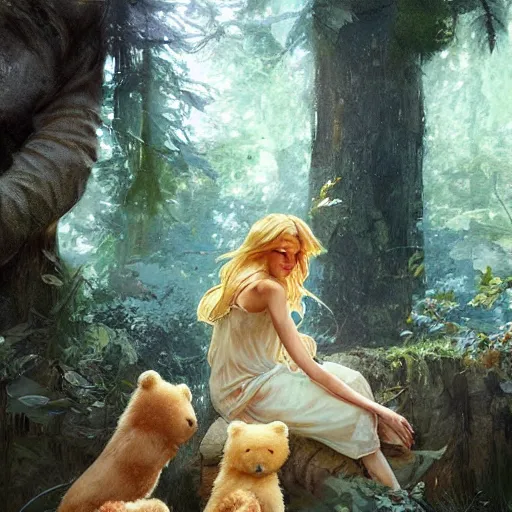 Prompt: close scene of a blond girl and the three bears are outside the bears house in the forest, artstation, concept art, smooth, sharp focus, illustration, art by greg mullens and greg rutkowski and alphonse mucha