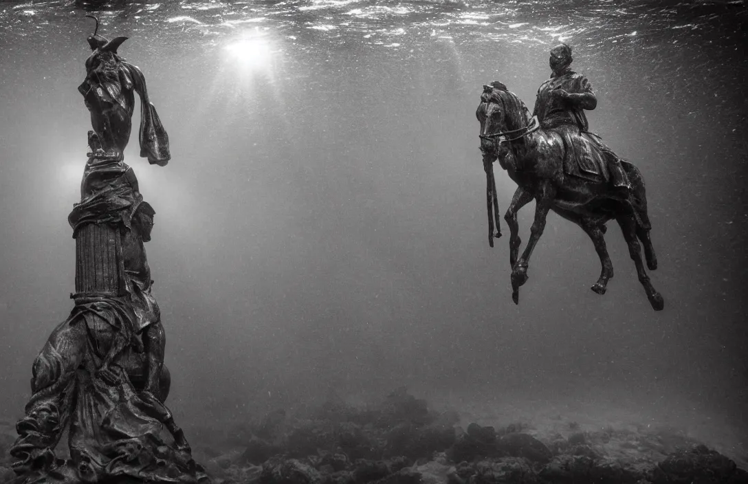 Prompt: duke of wellington statue in glasgow city, underwater, realistic, high detail, backlit, wide angle shot, turbid water, fish shoal