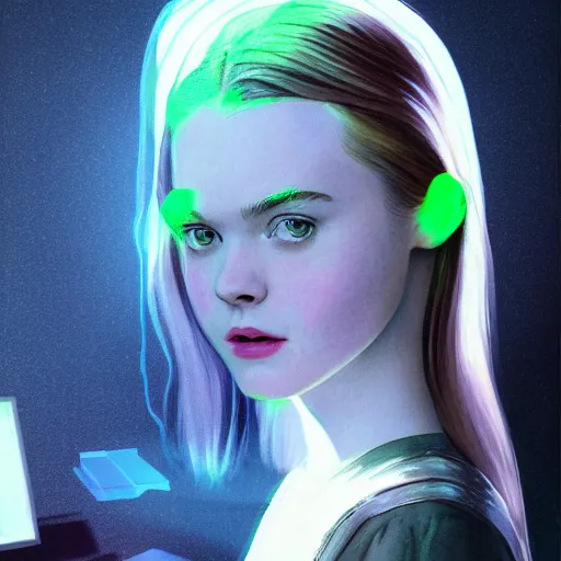 Prompt: Elle Fanning hacking a computer, dreamscape, dramatic green lighting, ink illustration