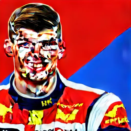 Image similar to a cartoon portrait of max verstappen, formula 1 world champion, high details, 4 k, digital art