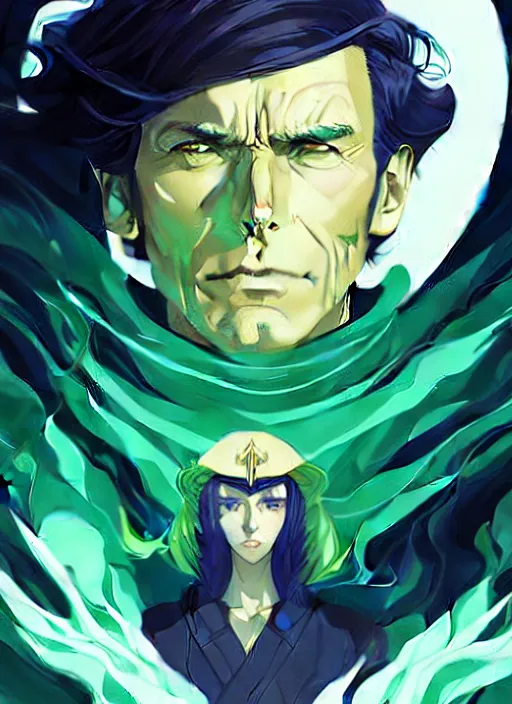 Image similar to style artgerm, joshua middleton, illustration, clint eastwood as a high priest wearing green pelt light armor, anime eyes, blue hair, swirling water cosmos, fantasy, dnd, cinematic lighting