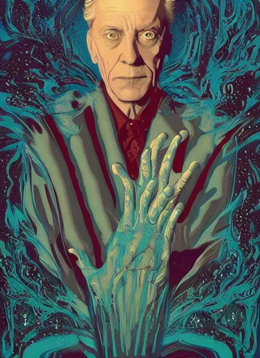 Prompt: poster artwork by Michael Whelan and Tomer Hanuka, Karol Bak of Alan Watts, from scene from Twin Peaks, clean