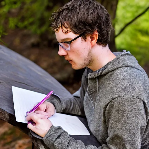 Image similar to Ethan Smith writing his next guide, (EOS 5DS R, ISO100, f/8, 1/125, 84mm, postprocessed, crisp, facial features)