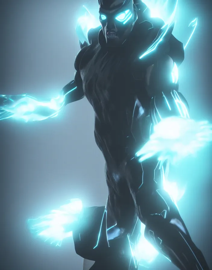 Image similar to electro storm supervillain, character design, radiating energy, mist, fog, photo realistic, octane render, unreal engine, hyper detailed, volumetric lighting