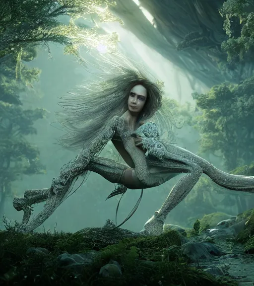 Image similar to beauteous practical sumptuous biomechanical with incredible hair, projected ray traced oled retinal overlays, crystalline masterpiece incrustations, hyperdetailed face, elegant pose, movie still, intricate, octane render, cinematic forest lighting, cgsociety, unreal engine, crepuscular rays, god rays