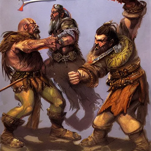 Image similar to DnD dwarves in gladitorial duel. Concept art by james gurney. Dark sun.