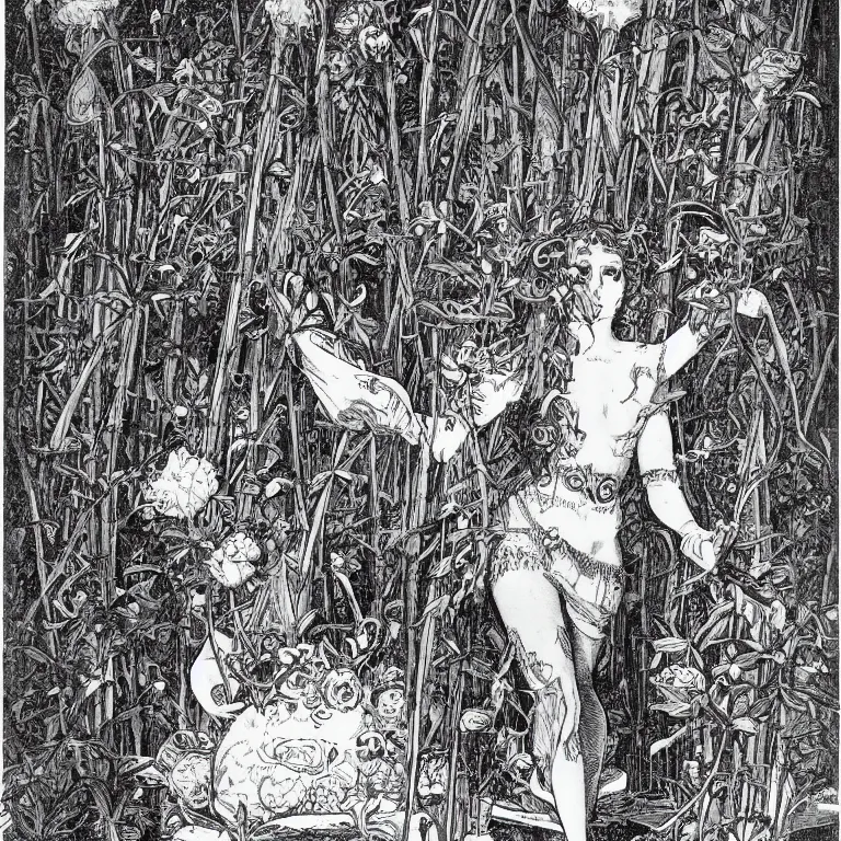 Image similar to a walther caspari illustration in lustige blatter in 1 8 9 9 of a young goddess peering from behind an enormous conical pile of skulls with huge flowers on tall stalks behind her, manga style of kentaro miura