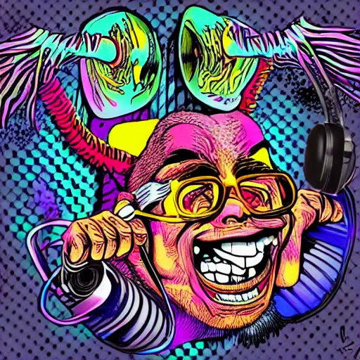 Image similar to artgerm, psychedelic laughing demon, rocking out, headphones dj rave, digital artwork, r. crumb, svg vector