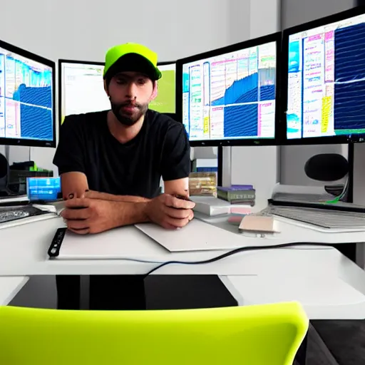Prompt: a man sitting on his computer with a backwards hat staring at several computer monitors showing crypto trades, colourful, chill, anime asthetic, neon glow, gamer, playstation 2