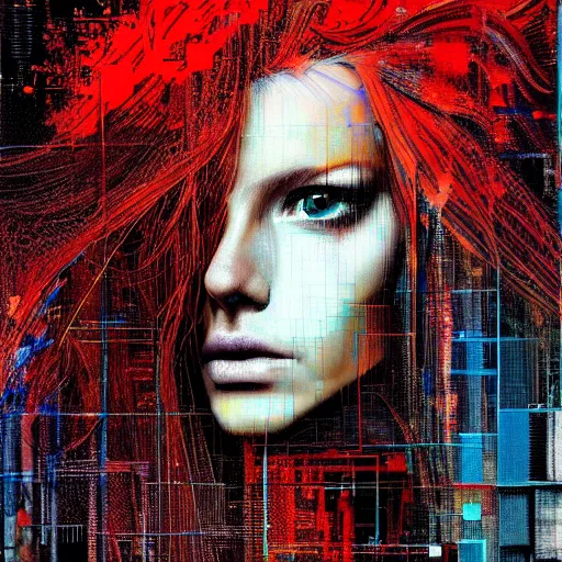 Prompt: hyperrealistic portrait of a mysterious cyberpunk woman with flowing hair, by Guy Denning, Johannes Itten, Russ Mills, beautiful, elusive, glitch art, hacking effects, glitch effects, digital tech effects, cybernetics, detailed lines, intricate detail, holographic, chromatic, clear, color blocking, acrylic on canvas, octane, concept art, abstract, red face, 8k, trending on cgsociety, trending on artstation