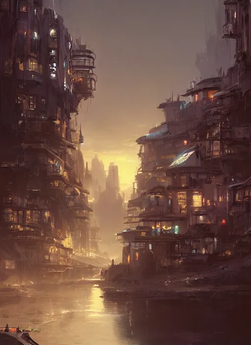 Image similar to portrait, futuristic river town. Dramatic lighting, cinematic, establishing shot, extremely high detail, photo realistic, post processed, artstation, matte painting, style by eddie mendoza, raphael lacoste, alex ross