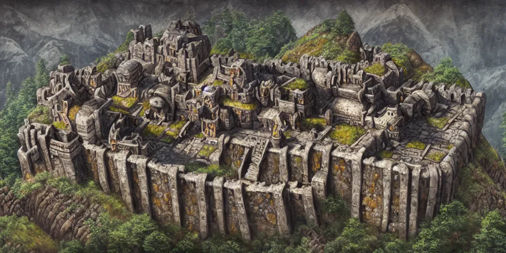 Image similar to aerial view of a dwarven fortress at the edge of a mountain range, as a matte oil painting, photorealistic, landscape, medieval fantasy, epic, smelters, forges, waterwheels, chiseled architecture, ornate, intricate, trading depots, extremely detailed, sharp focus