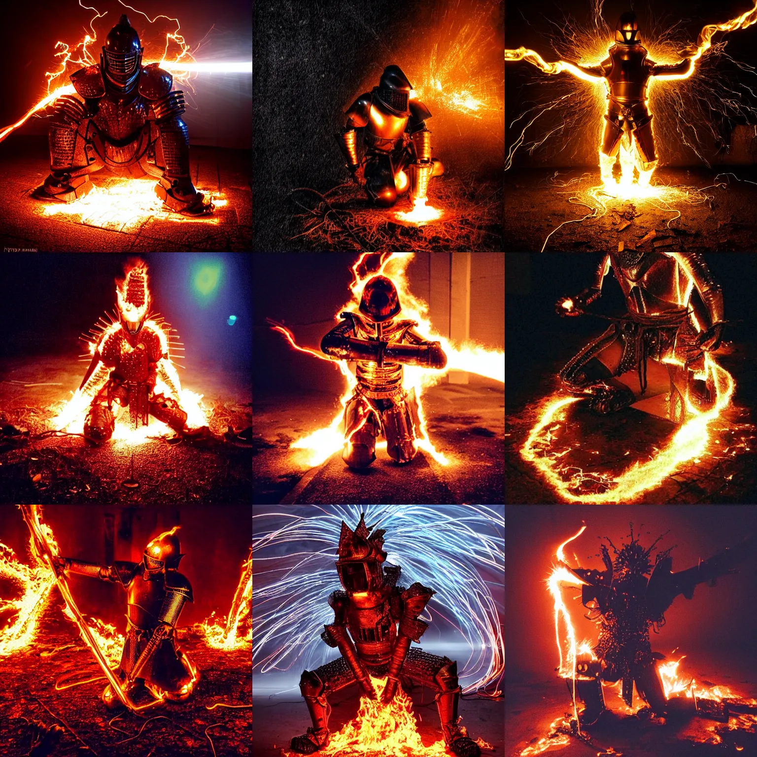 Prompt: “burning flaming fire elemental kneeling knight in full armor engulfed in flame on fire made from twisted cables in a dirty small suburban basement at night, dark dark dark dark dark as night. Cables cables cables cables cables everywhere. Trash on the floor, sparks sparks sparks embers embers sparks flying everywhere. Flash photograph. Cursed image. Found photo. Cheap digicam.”