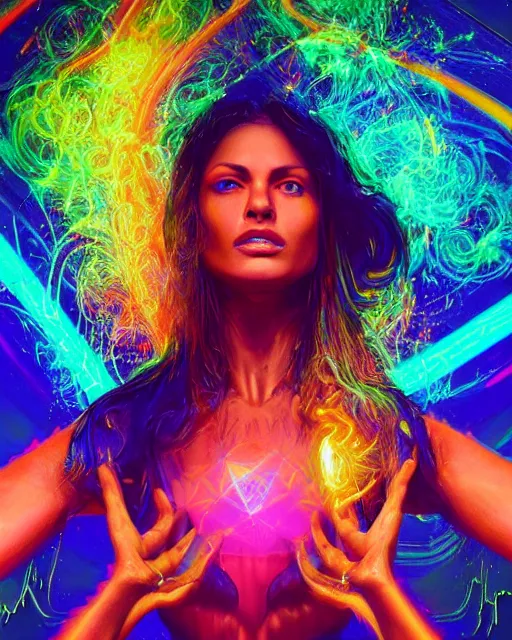 Image similar to a powerful energy psychedelic matrix latin woman, by alexander fedosav, hyper detailed digital matte painting, concept art, hyperrealism, 1 6 k resolution, cinema 4 d, 8 k resolution, trending on artstation, behance hd, a masterpiece, by stephan martiniere, particles, cel - shaded, power bright neon energy, by david a. hardy