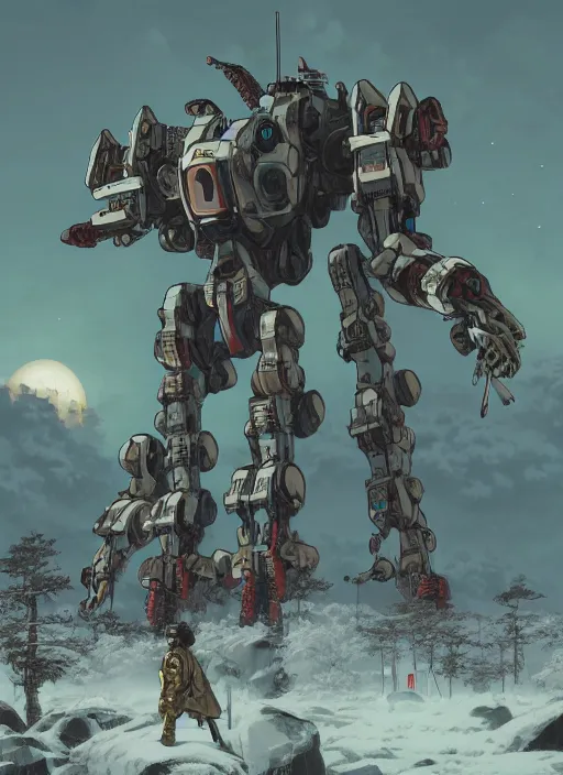 Image similar to intricate digital artwork of a giant japanese anime war mecha by simon stalenhag, by nuthin'but mech, by kallamity sketchbook, inspired by metal gear solid, frozen arctic background, octane render, cgstation, 4 k resolution