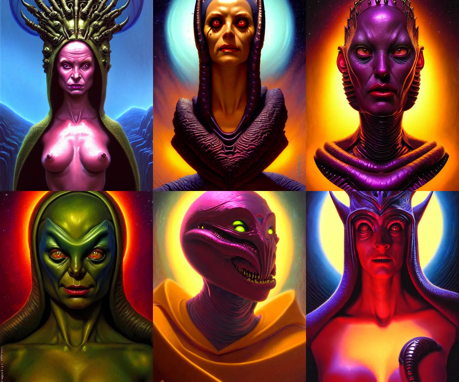 Prompt: cinematic bust portrait of villainous female extraterrestrial queen, head and chest only, exotic alien features, Tim Hildebrandt, Wayne Barlowe, Bruce Pennington, donato giancola, thomas kinkade, oil on canvas, masterpiece, trending on artstation, featured on pixiv, cinematic composition, dramatic pose, beautiful lighting, sharp, details, hyper-detailed, HD, HDR, 4K, 8K