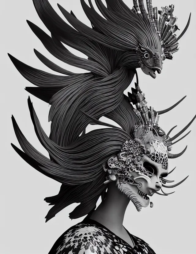 Image similar to 3 d goddess close - up profile simple portrait punk with mohawk with goat skull. beautiful intricately detailed japanese crow kitsune mask and clasical japanese kimono. betta fish, jellyfish phoenix, bio luminescent, plasma, ice, water, wind, creature, artwork by tooth wu and wlop and beeple and greg rutkowski