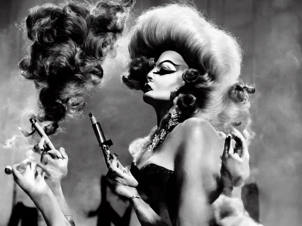 Image similar to Glamorous drag queen with heavy makeup and a big wig smoking a cigarette in a Federico Fellini film, lighting, highly detailed, cinematic