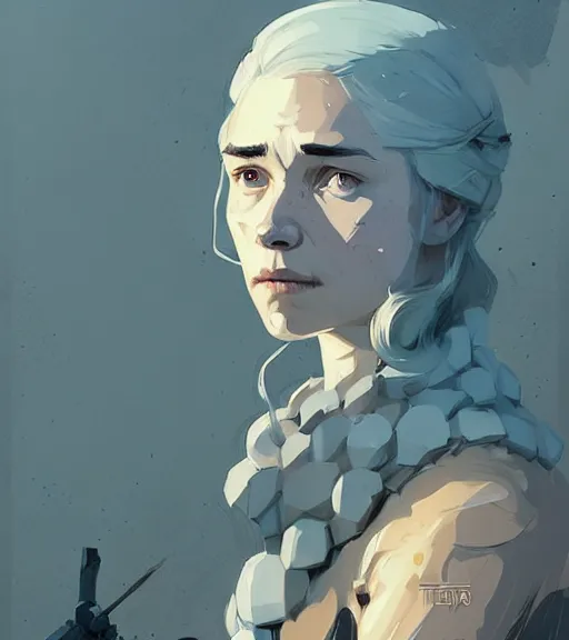 Image similar to portrait of a traitor ( game of thrones ) by atey ghailan, by greg rutkowski, by greg tocchini, by james gilleard, by joe fenton, by kaethe butcher, dynamic lighting, gradient light blue, brown, blonde cream and white color scheme, grunge aesthetic