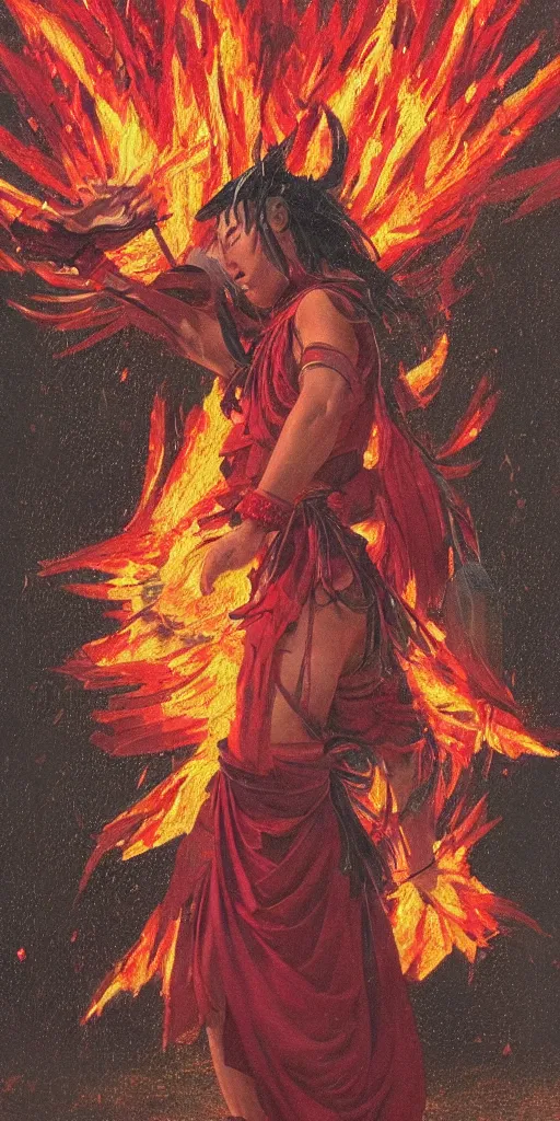 Prompt: shaman dancing under a rain of fire and ruby, art by Hirano Miho and Kotak Bella and Kawase Hasui and Keene Lisa, Trending on artstation