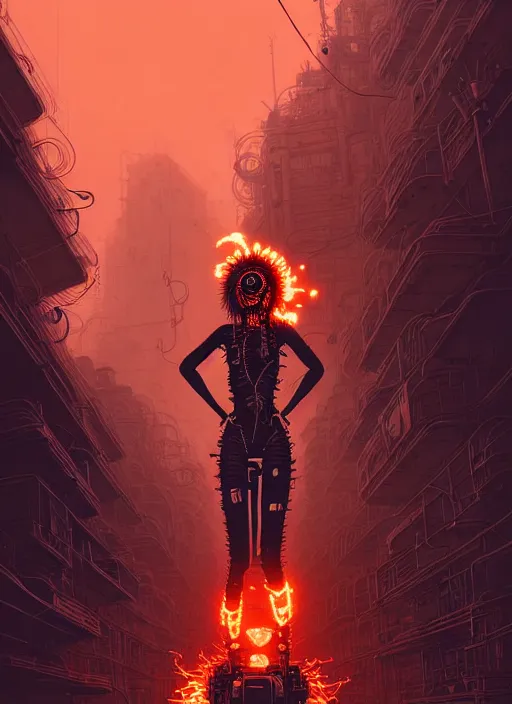 Image similar to highly detailed portrait of wasteland punk long curly fire hair tribal lady, stray wiring by atey ghailan, james gilleard, by joe fenton, by greg rutkowski, by greg tocchini, by kaethe butcher, 4 k resolution, gradient red, orange, black and white color scheme!!! ( ( flaming robotic dystopian city spiral background ) )