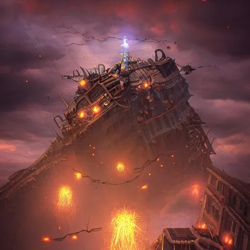 Image similar to a flying steampunk fortress, intricate, behrens style, octane render, fantasy digital art, beautiful composition, trending on artstation, night, meteors, lightning!!! storm, dramatic lighting, red glow, eldritch