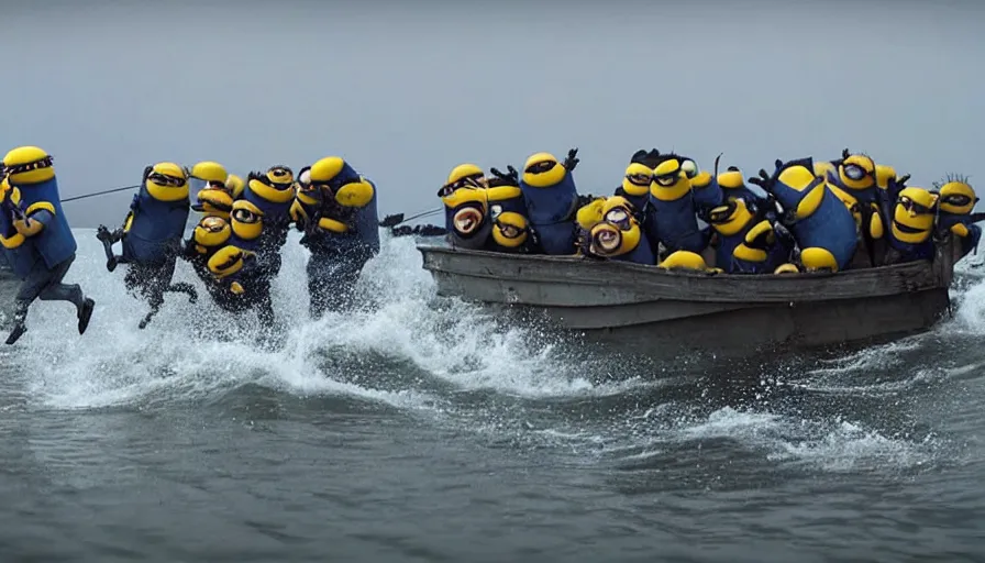 Image similar to “minions jumping out of boat into water on D-Day, 4k, cinematic, award winning”