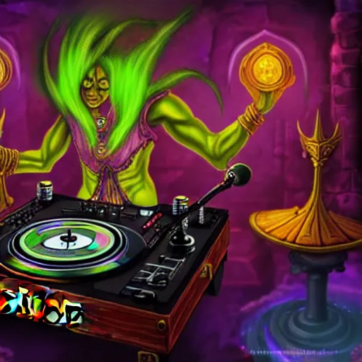 Image similar to fantasy painting of a dj set with turntable in a fantasy dungeon in the style of word of warcraft,