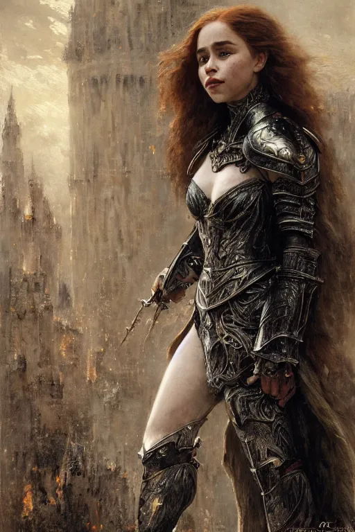 Image similar to redhead emilia clarke wearing black and silver ornamented armour, bare legs, detailed, by gaston bussiere, bayard wu, greg rutkowski, giger, maxim verehin, greg rutkowski, masterpiece, sharp focus, cinematic lightning