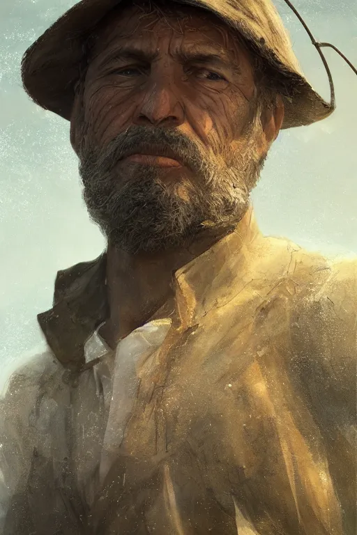 Image similar to Atlantis fisherman, close-up portrait, poor, intricate, elegant, volumetric lighting, scenery, digital painting, highly detailed, artstation, sharp focus, illustration, concept art,ruan jia, steve mccurry