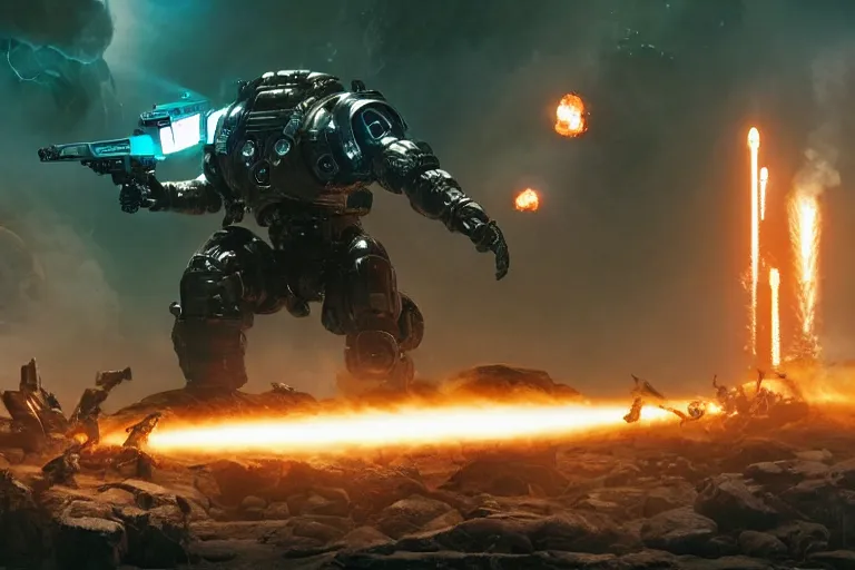 Image similar to VFX movie of a futuristic inhuman alien spacemarines in future spaceship, firing gun at space pirates detailed creature skin neon lighting combat by Michael Bay