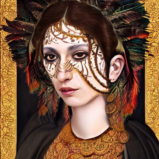 Image similar to portrait, headshot, digital painting, of Mother Ayahuascaa as a 10th century beautiful female Royal, dark hair, tropical feathers, seashells, teeth, claws, baroque, ornate clothing, scifi, futuristic, realistic, hyperdetailed, chiaroscuro, concept art, art by caravaggio