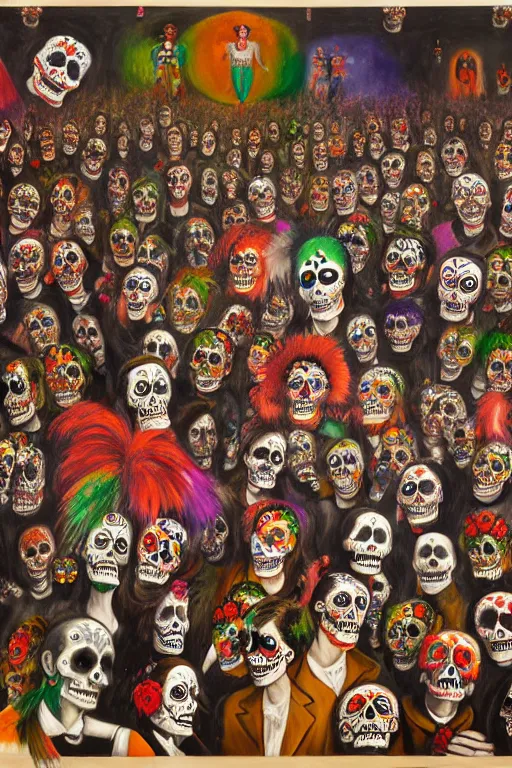 Prompt: scene from a rave, celebrating day of the dead, painting by otto dix, 4 k,
