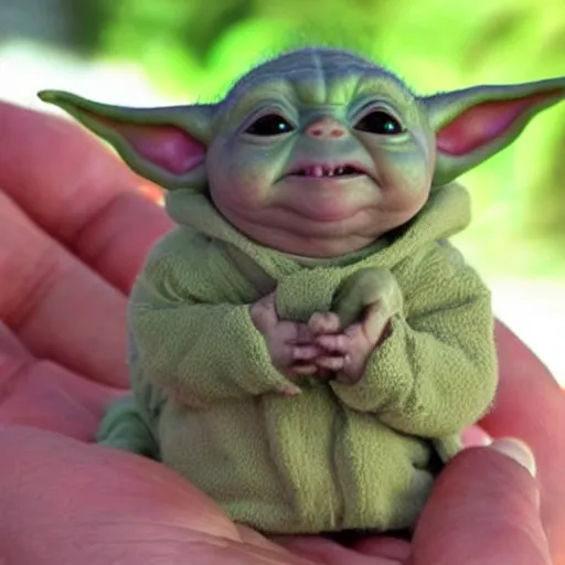 Prompt: a tiny pigmy baby yoda-Shrek hybrid in the palm of a person's hand, super cute