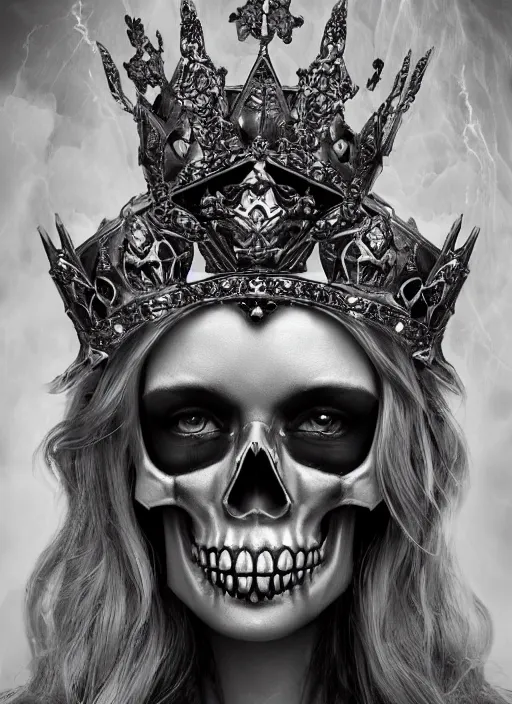 Prompt: skull queen with an origami crown, hints of silver jewelry, gothic, eerie, intricate detail, dramatic lighting, mist, grey, 4k