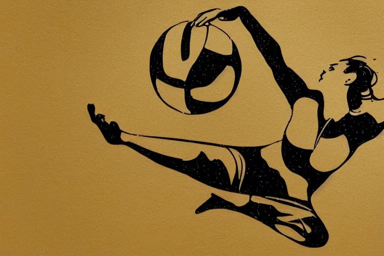 Image similar to beautiful serene volleyball player, healing through motion, life, minimalistic golden and ink airbrush painting on white background