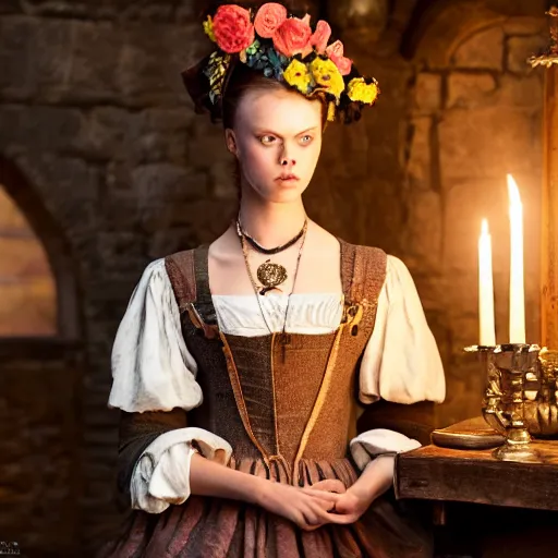 Prompt: frida gustavsson wearing 1 8 th century stay in a medieval tavern at night with candles, wow 4 k detail fantasy, matte painting, realistic materials, photo realistic, postprocessing, cinematic, hyperrealistic, studio lighting, ekaterina, the tudors, photography by richard jenkins