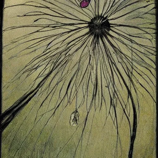 Image similar to a beautiful fairytale painting of a dandelion seed that is also a fluffy fairy. the dandelion seed is the body of the fairy. beautiful clear painting by arthur rackham