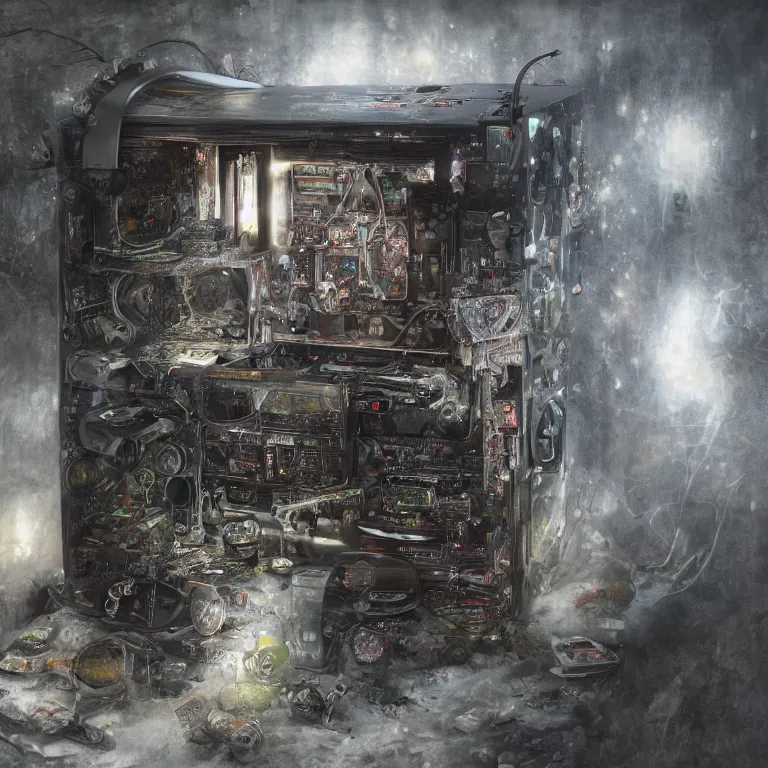 Prompt: the inside of a computer by mahmoud farshchian, mia brownell, very detailed, maximalism, ambient occlusion, volumetric light, atmospheric haze, hyper realism, realistic shading, cinematic composition, realistic render, photorealistic, wide shot