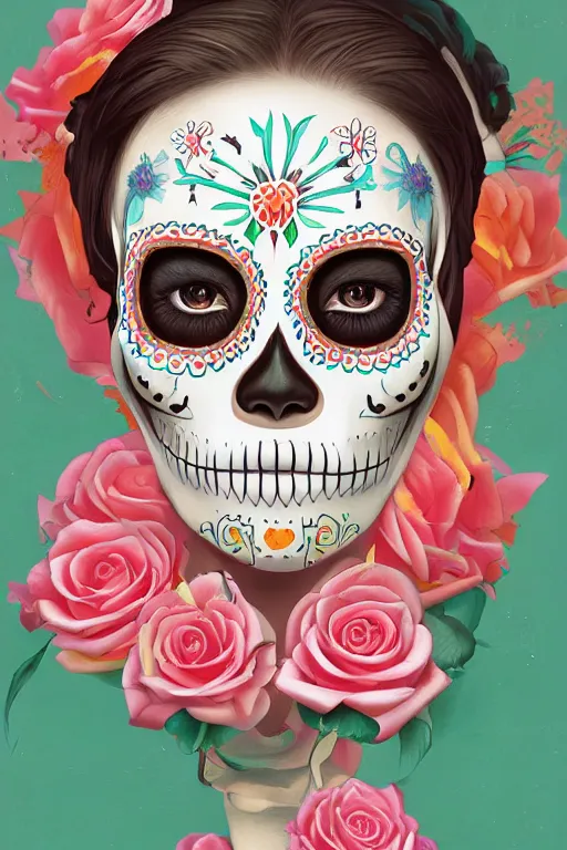 Prompt: Illustration of a sugar skull day of the dead girl, art by hsiao ron cheng