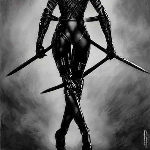 Prompt: a beautiful warrior woman with dark hair, wearing black catsuit and plates of black body armour, she is holding a long staff, intricate, elegant, highly detailed, detailed face, smooth, sharp focus, high contrast, graphic novel, art by stanley lau artgerm,